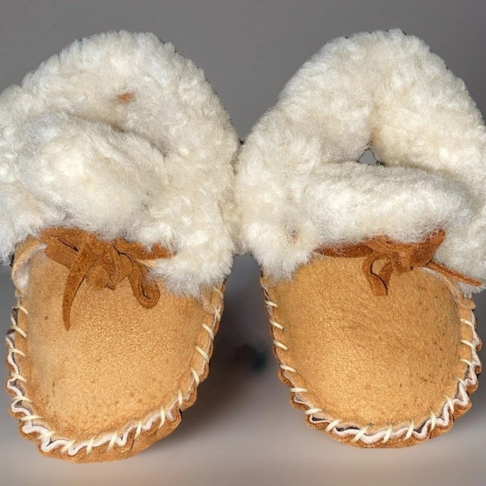 Sheepskin Baby Moccasins Infant Suede Shearling Booties Brown 5" Long Slippers